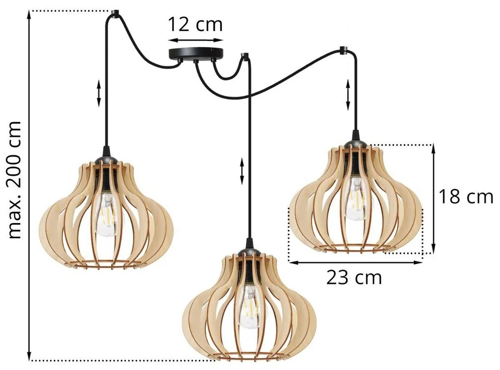 Závesné svietidlo TIMBER SPIDER 3, 3x drevené tienidlo