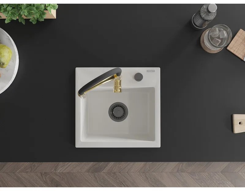 Mexen Milo, 1-komorový granitový drez 435x410x171 mm a drezová batéria Aster, biela, 6505-20-73450-57-B