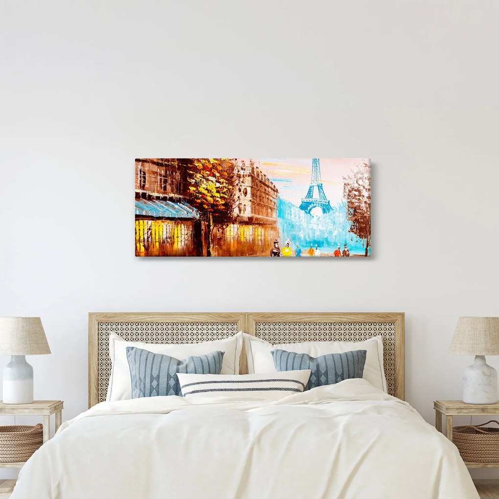 Obraz - Daždivého počasia a Eiffelovej veže (120x50 cm)