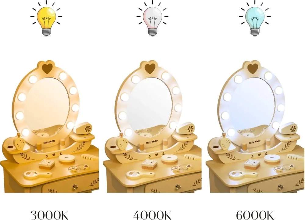 Veľká drevená toaletka ELLY pre deti s LED svetlom a taburetkou natural