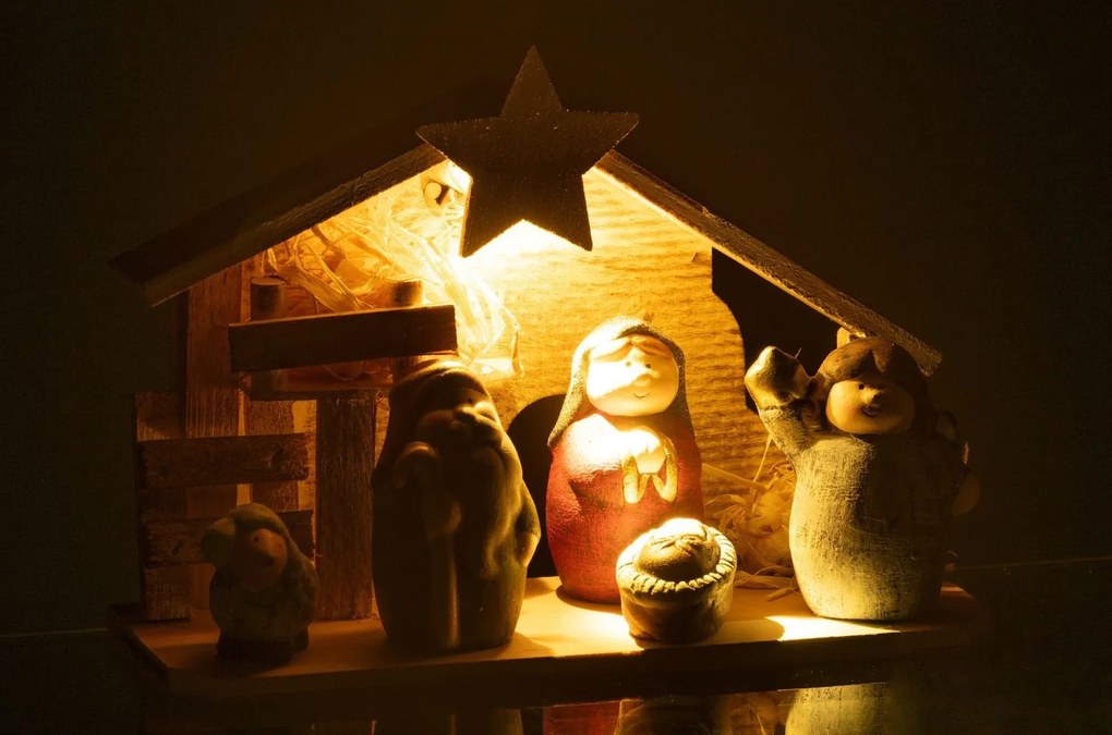 Prírodný svietiaci Betlehem s keramickými postavičkami Nativity - 21*8*16 cm