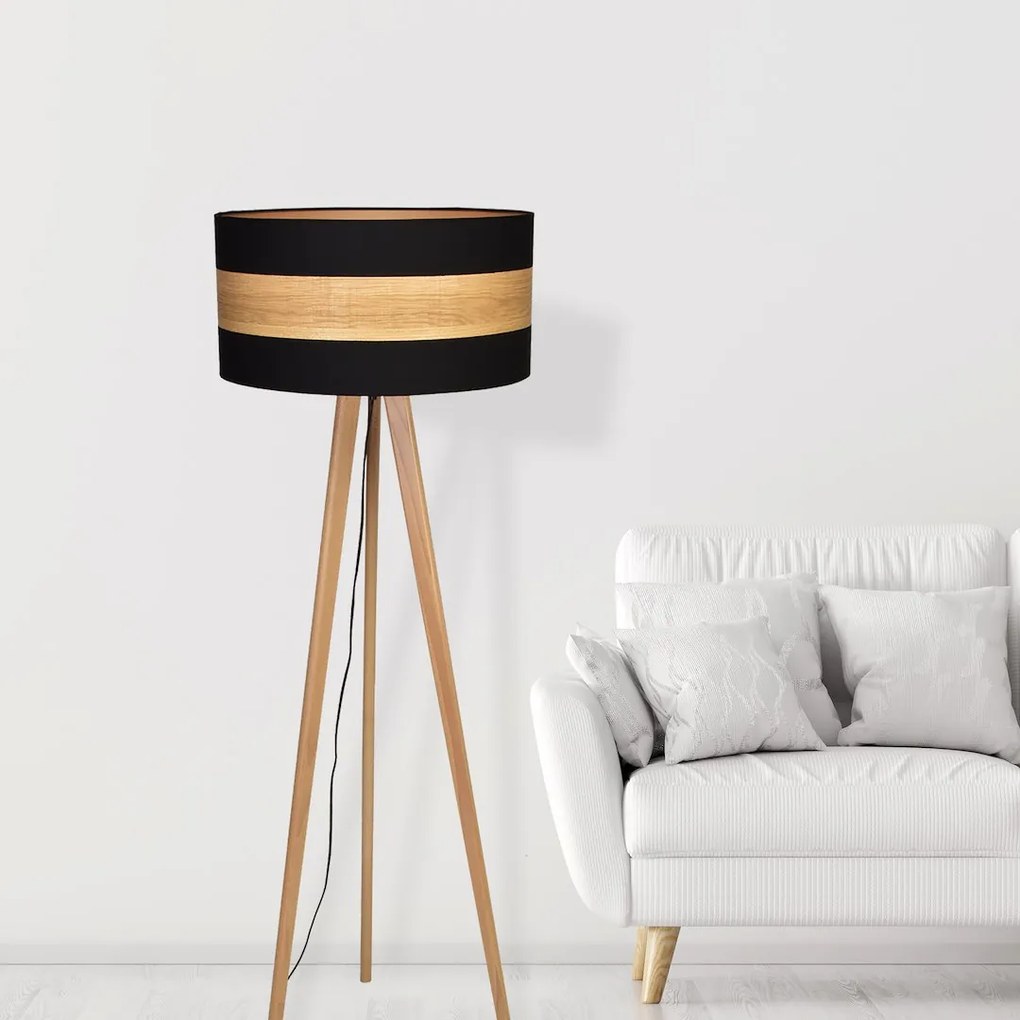 Stojacia lampa Terra, 1x drevené/čierne textilné tienidlo, drevo