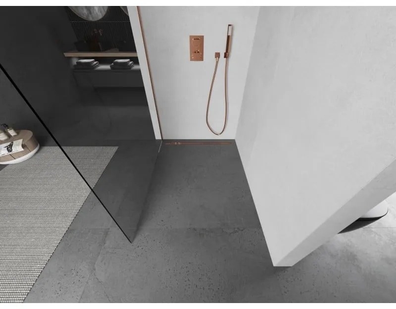 Mexen Kioto L, sprchová zástena Walk-In 50 x 200 cm, 8mm číre sklo, medený matný profil, 800-050-103-65-00