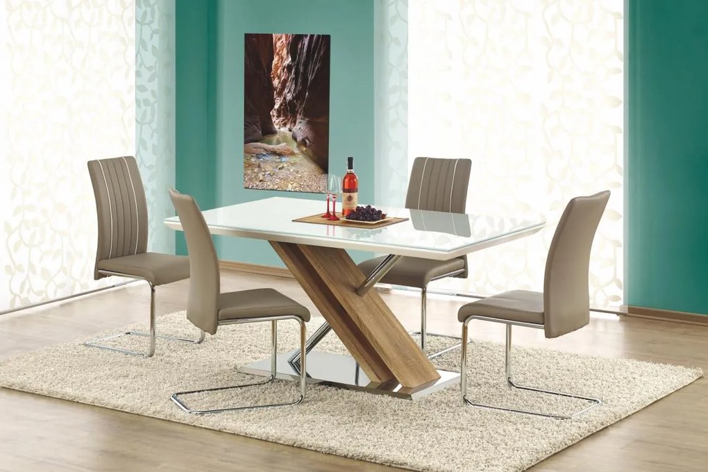 HALMAR, NEXUS sklenený jedálenský stôl, extra biela/dub sonoma, 160/90/76 cm