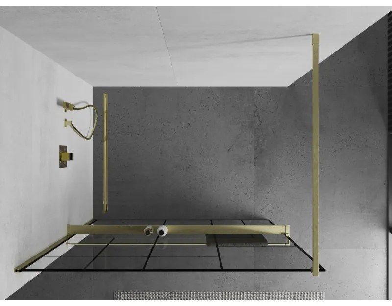 Mexen Kioto+, sprchová zástena Walk-In s poličkou a vešiakom 120 x 200 cm, 8mm číre sklo čierny vzor, zlatý matný profil, 800-120-121-55-78