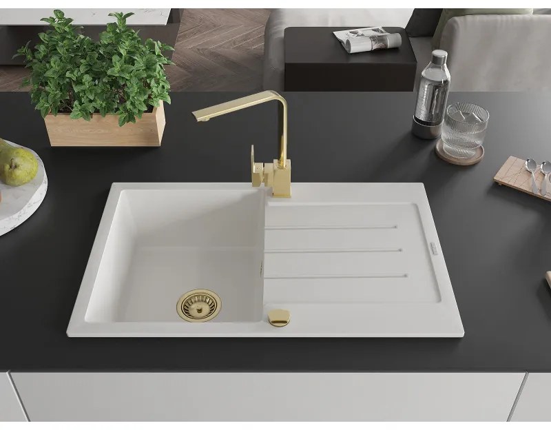 Mexen Bruno, drez granitový 795x495x200 mm, 1-komorový, biela so zlatým sifónom a zlatá drezová batéria Rita, 6513-20-670300-50