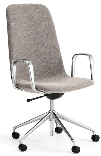 Stolička LANGLEY, stredný sedák, s kolieskami a podrúčkami, brúsený hliník/šedohnedá