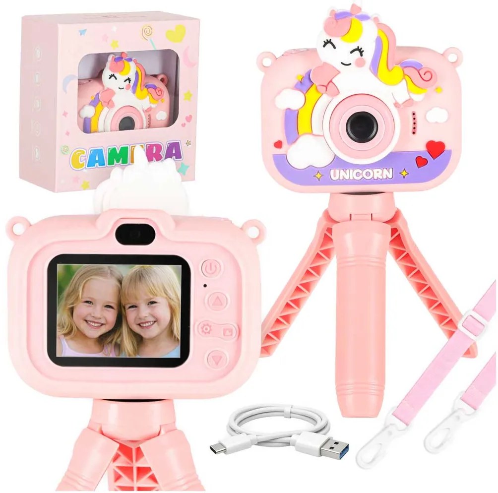 Detský digitálny fotoaparát KIK jednorožec, duálny, 1080P, ružový so statívom