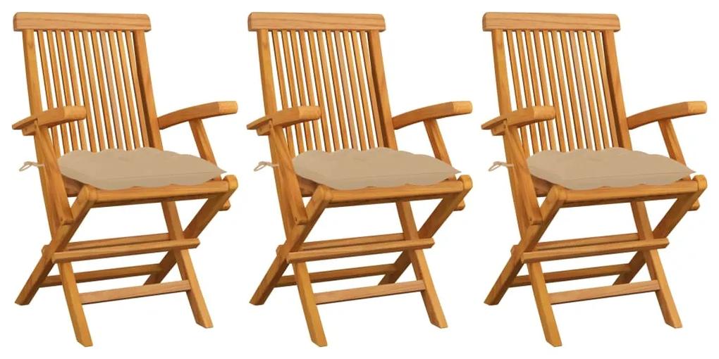 Záhradné stoličky s béžovými podložkami 3 ks tíkový masív