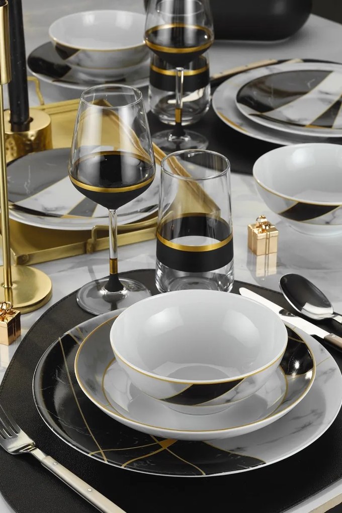 Porcelánová sada 24 ks talířů Glamour černá/bílá/zlatá