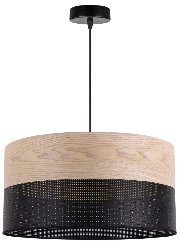 Závesné svietidlo Wood, 1x béžová dubová dýha/čierne PVC tienidlo, (fi 44cm)