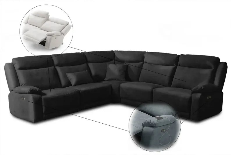 Kožená sedacia súprava CONTINENTAL rohová s funkciou relax, elektrické, čierna (nero 308)