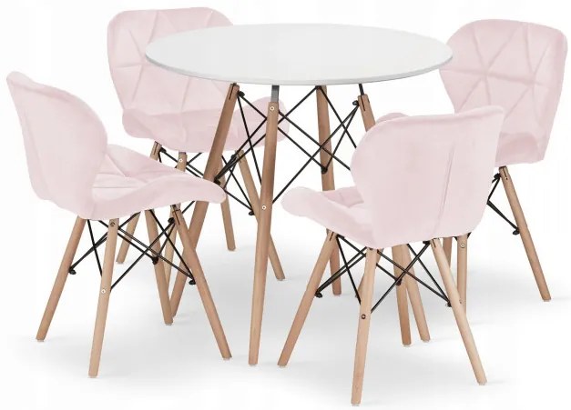 Jedálenský stôl TODI biely 80 cm so štyrmi stoličkami LAGO zamatové ružové