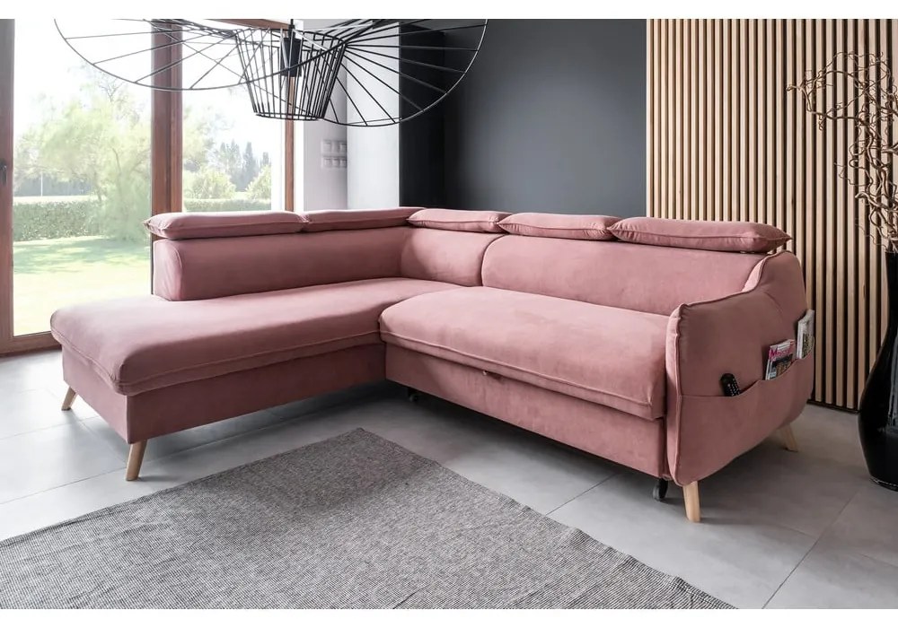 Svetloružová zamatová rozkladacia rohová pohovka (ľavý roh) Sweet Harmony – Miuform