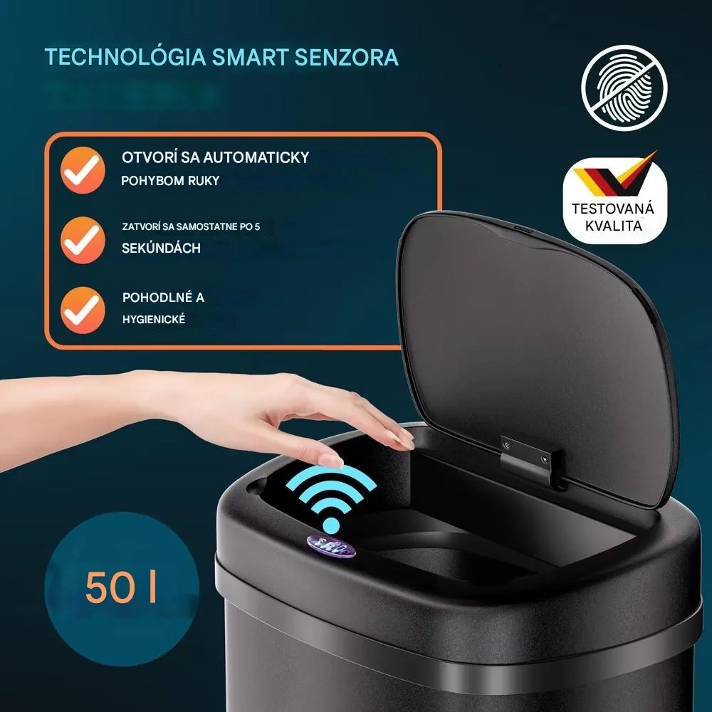 InternetovaZahrada Bezdotykový hranatý odpadkový kôš s USB 50 L - čierny