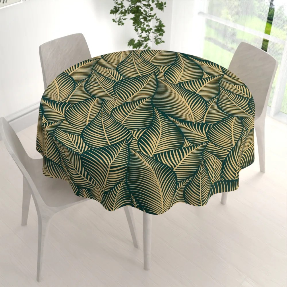 Biante Bavlnený okrúhly obrus Sandra SA-569 Veľké béžové listy na zelenom Ø 40 cm