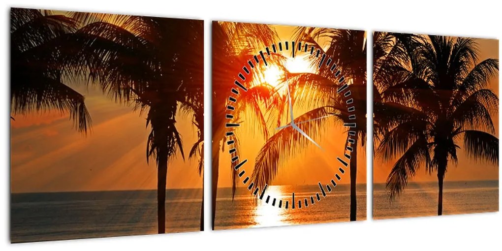 Obraz palmy v západe slnka (s hodinami) (90x30 cm)
