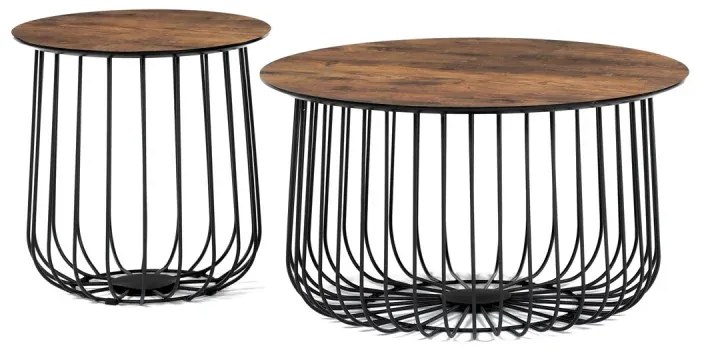 Set 2 ks stolků,pr.60x34, pr.37x39 cm, deska MDF, 3D dekor staré dřevo, kovová drátěná podnož, černý mat