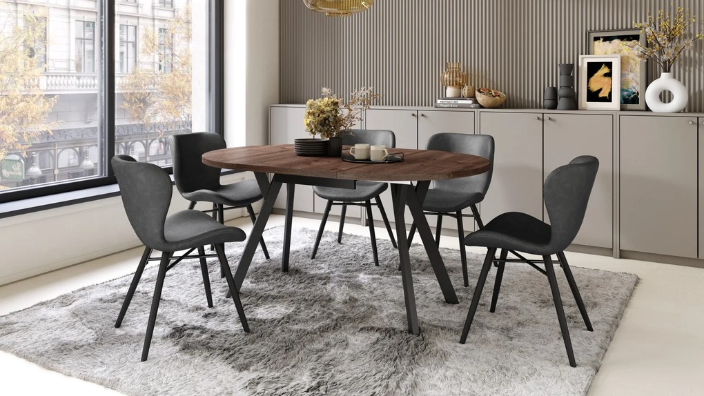 ALMO Dub hnedý/čierne nohy - OKRÚHLY LOFTOVÝ/INDUSTRIÁLNY ROZKLADACÍ STÔL DO OBÝVAČKY/JEDÁLNE