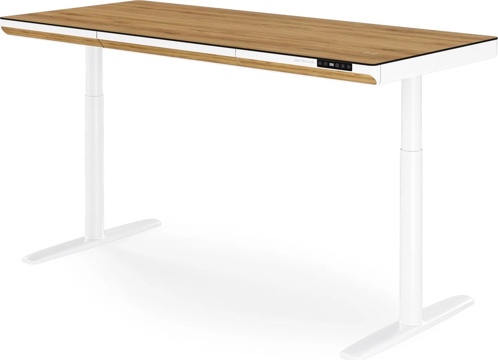 Elektrický písací stôl sit-stand so zásuvkou a bezdrôtovou nabíjačkou Qi biely/zlatý dub, 1600 mm: ELLIS