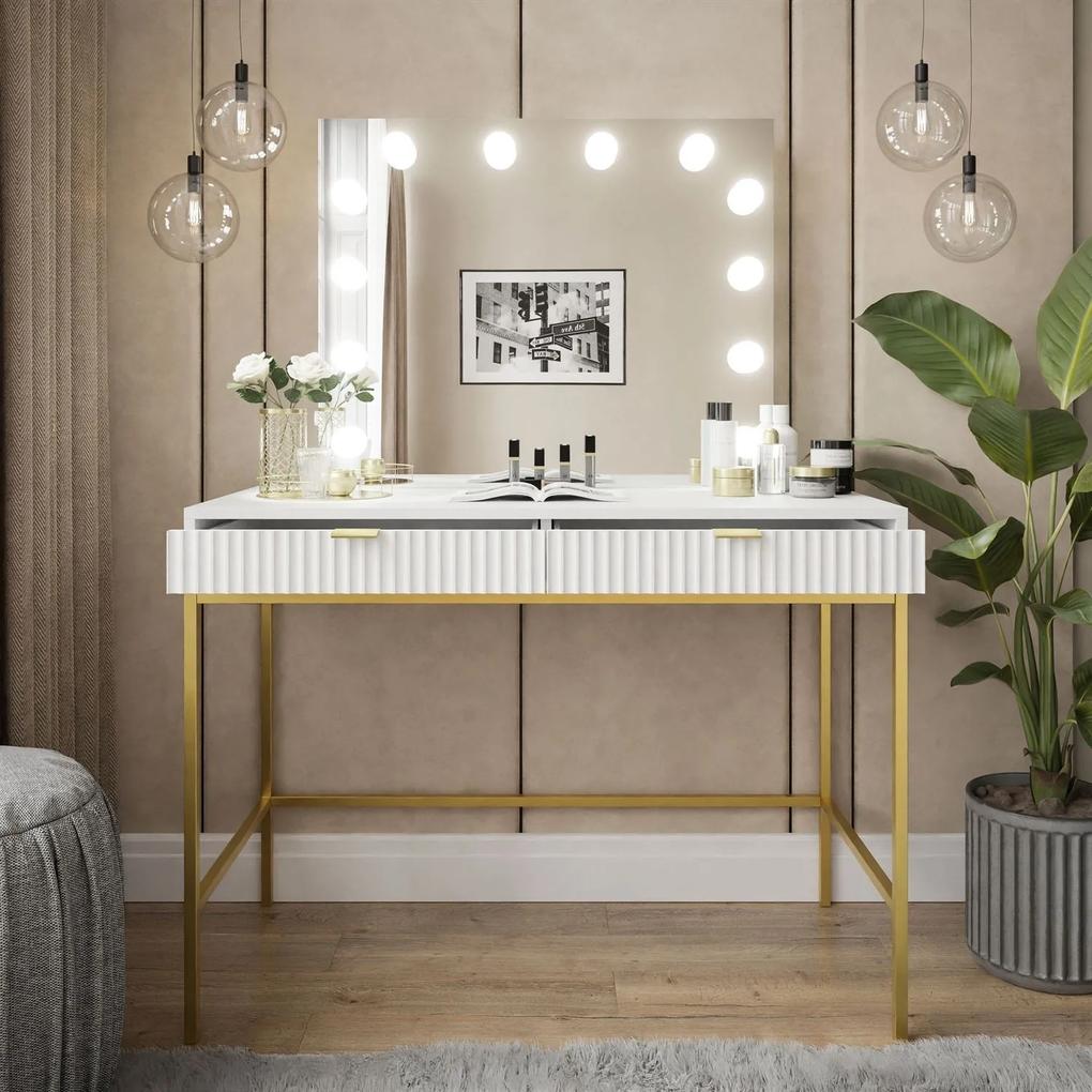 Toaletný stolík so zrkadlom CORA biela matná + zlatá