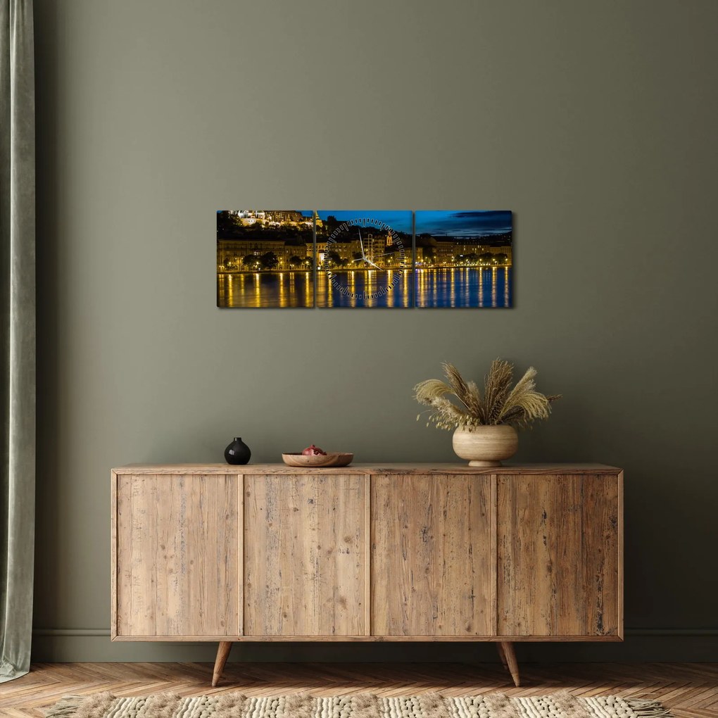 Obraz nočného mesta (s hodinami) (90x30 cm)