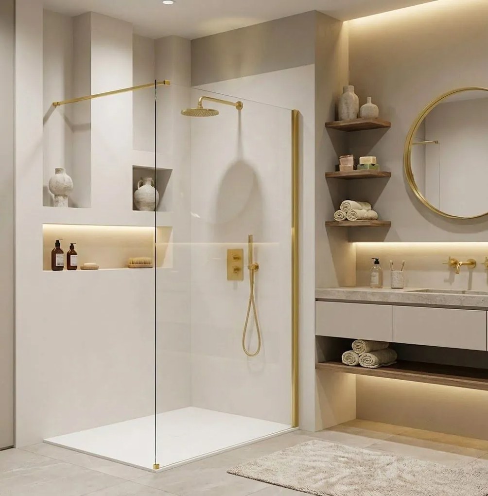 Bezrámová sprchová zastena REA FLEXI GOLD 130 cm, zlatá lesk/transparent - bez vaničky
