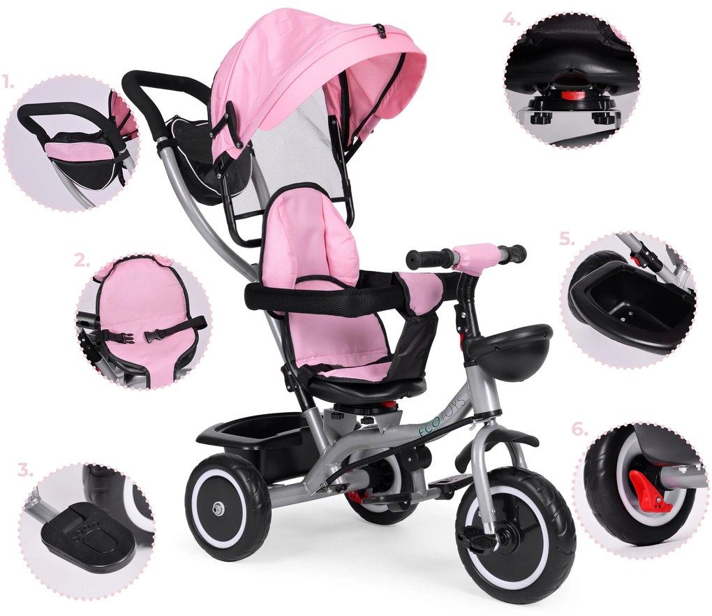 ECOTOYS Trojkolka 2v1 s otočným sedadlom + sklopná strieška - ružová