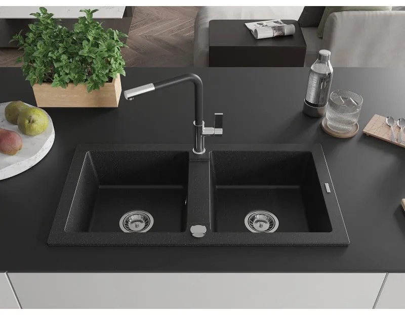 Mexen Mario, 2-komorový granitový drez 820x436x161 mm a drezová batéria Flora, čierna-strieborná metalíza, 6504-73-670401-07