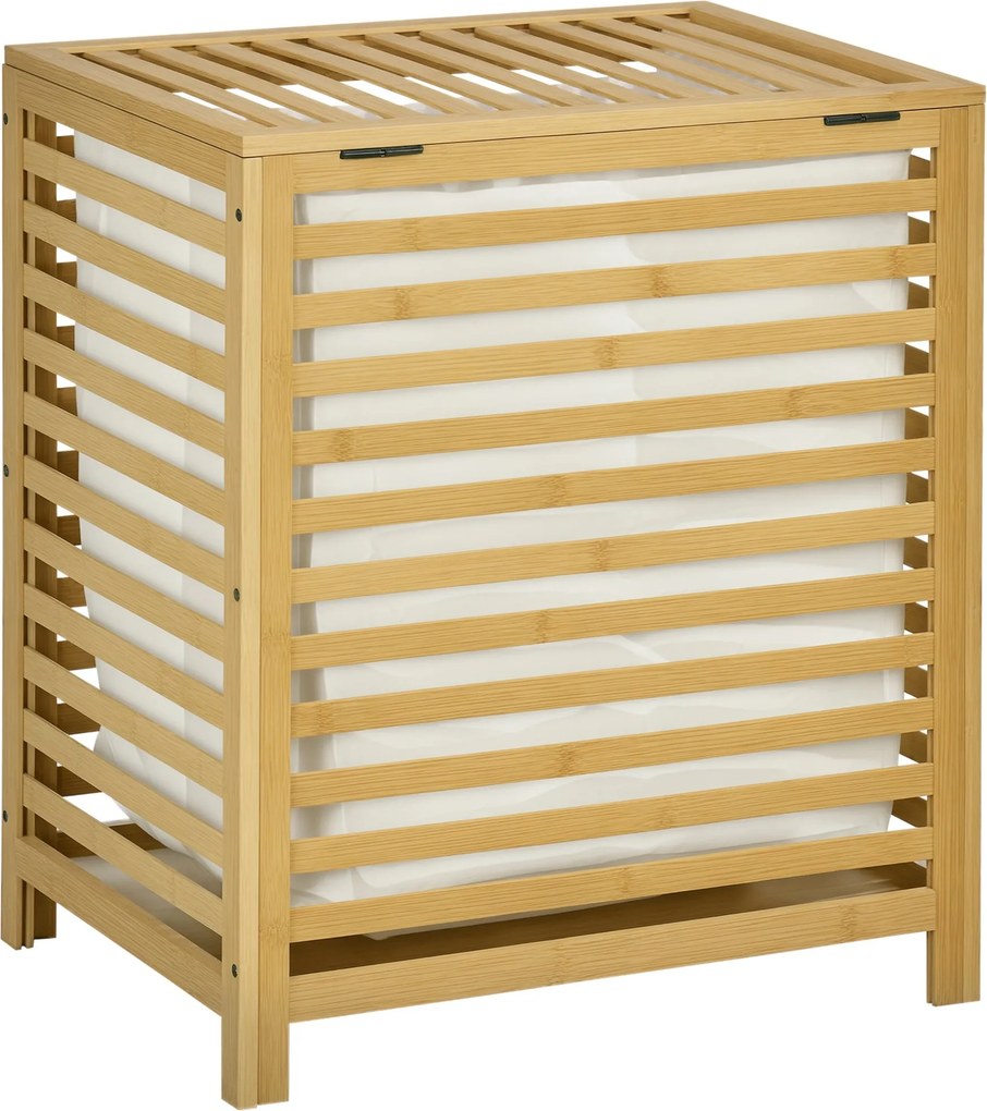 HOMCOM Košík na pranie 55L, Kôš s vekom, Odnímateľná taška na pranie, pre spálňu, kúpeľňu, Bambus, 50 x 36 x 60 cm, Prírodný | Aosom