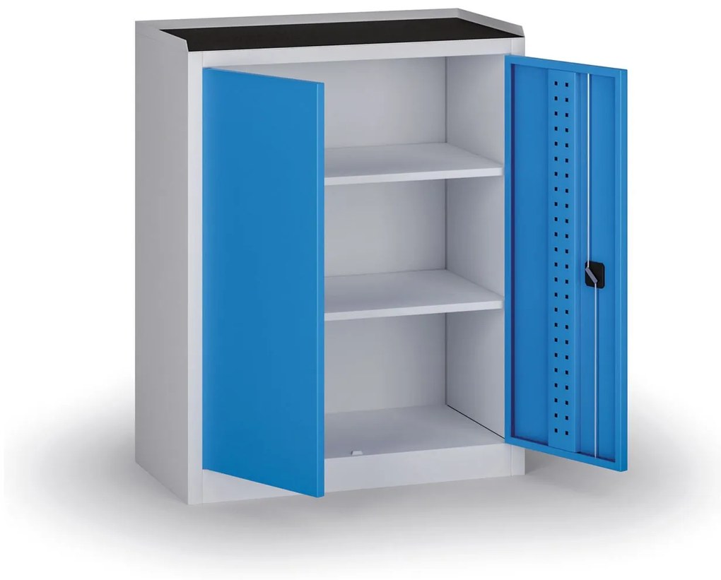Policová dielenská skriňa 2-dverová, 2 police, 1180 × 950 × 500 mm, modré dvere