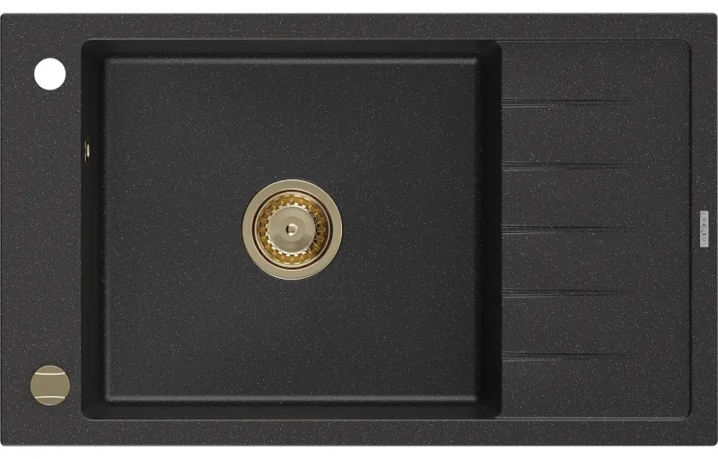 Mexen Elias, granitový drez granitový 795x480x200 mm, 1-komorový, čierna-strieborná metalíza so zlatým sifónom, 6511791005-73-G