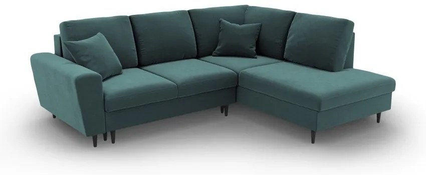 Zamatová rozkladacia/s úložným priestorom rohová pohovka v petrolejovej farbe (pravý roh/do L) Kyoto – Cosmopolitan Design