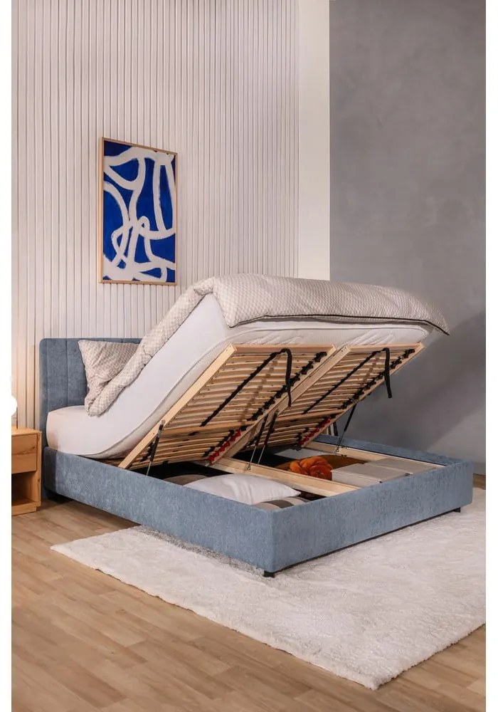 Modrá čalúnená dvojlôžková posteľ s úložným priestorom s roštom 180x200 cm Myra Slim Line – Bonami Selection