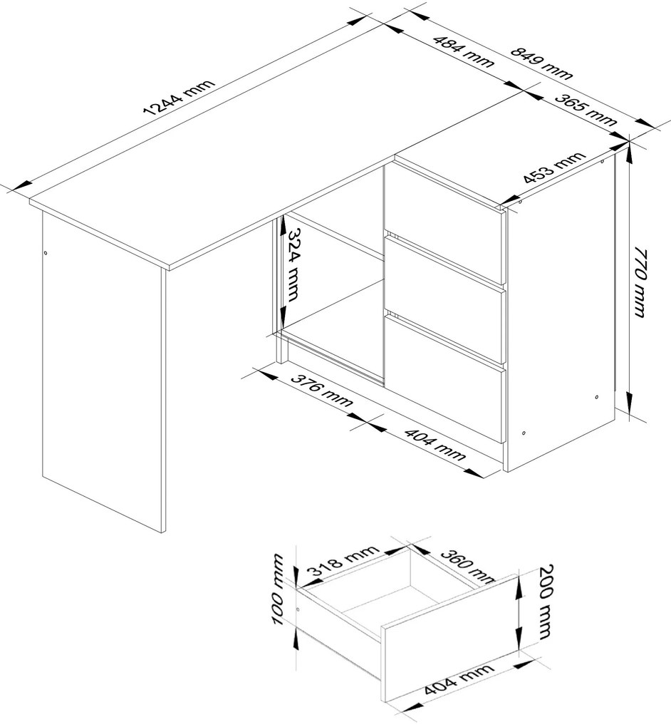 Rohový PC stolík Balcon (grafit + biela) (P). Akcia -19%. Vlastná spoľahlivá doprava až k Vám domov. 1117083