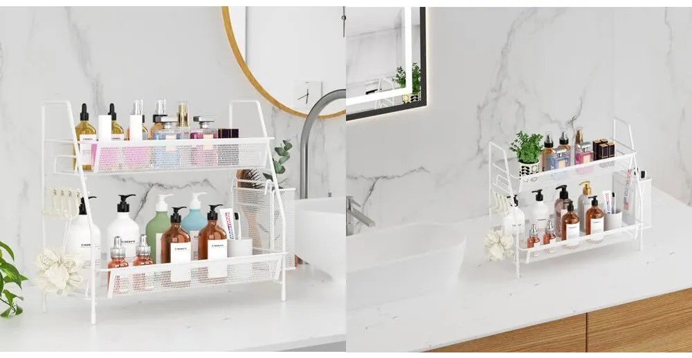 VERK GROUP Dvojposchodová polica, kovová s prídavným košíkom LOFT - biela, 36 x 17 x 32 cm