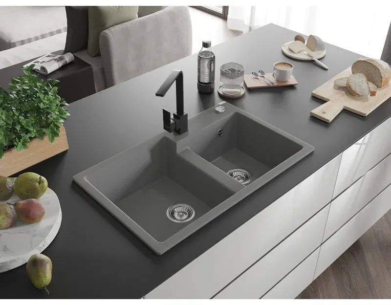 Mexen Tomas, granitový drez 800x500x190 mm, 2-komorový a čierna batéria Rita, šedá, 6516-71-670300-70