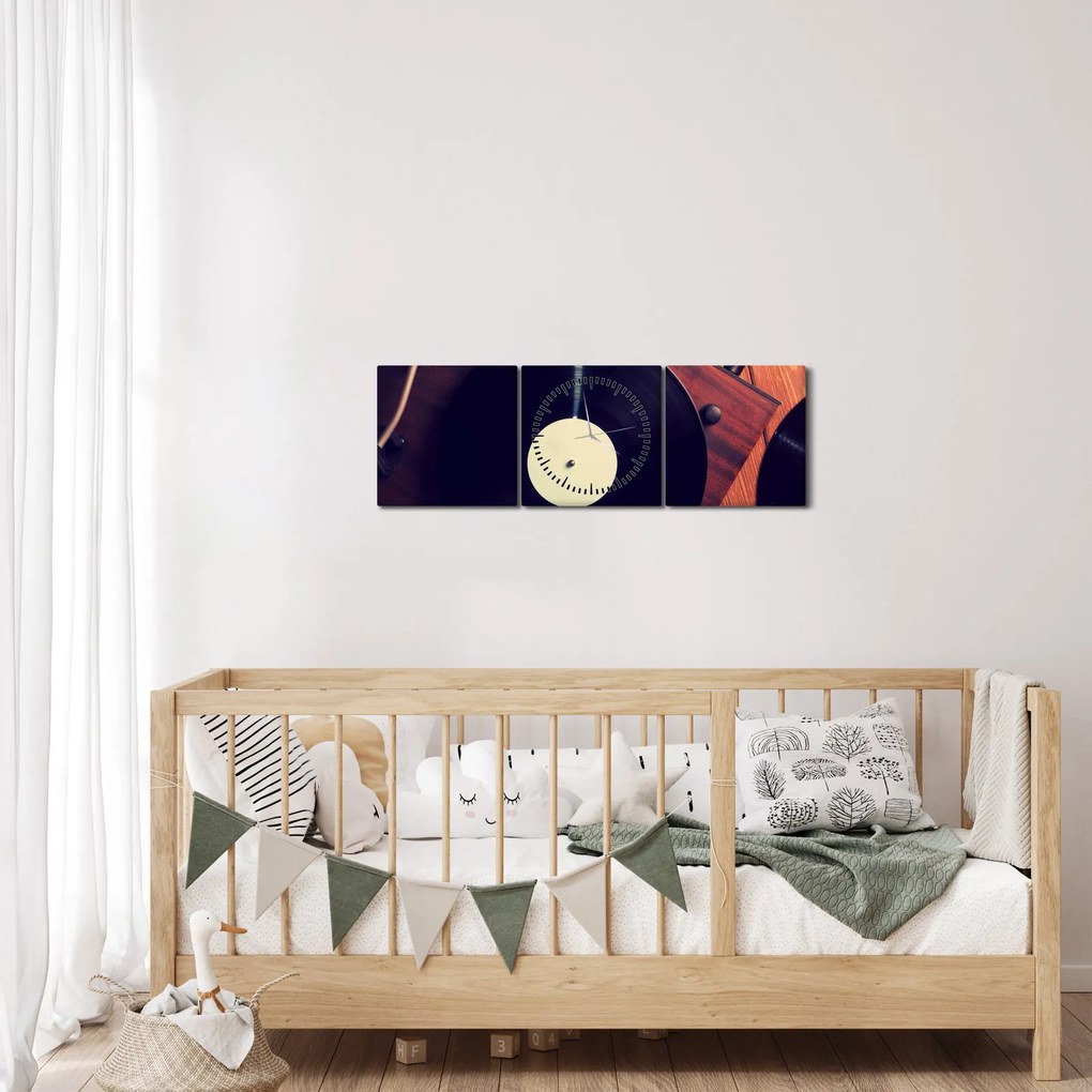 Obraz gramofónových dosiek (s hodinami) (90x30 cm)