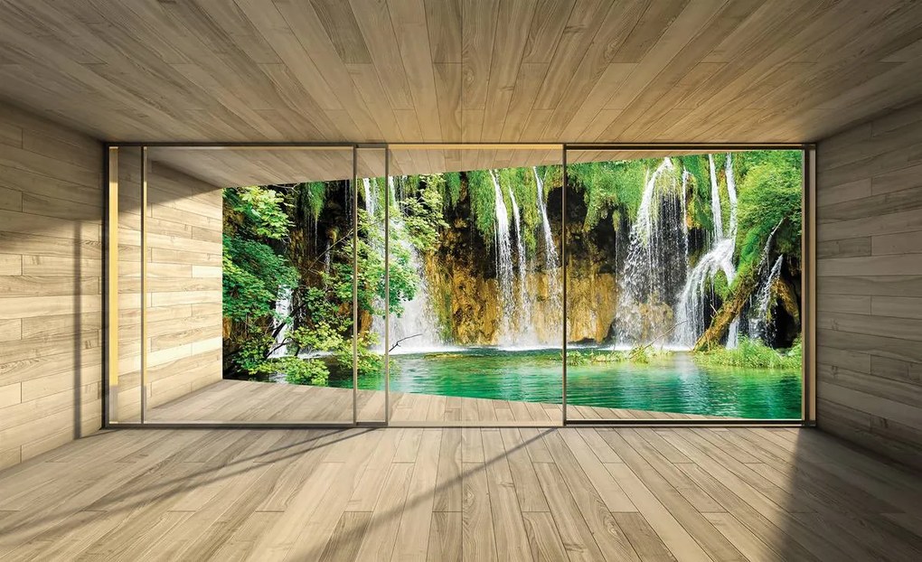 Fototapeta - Výhľad na terasu s vodopádom (152,5x104 cm)