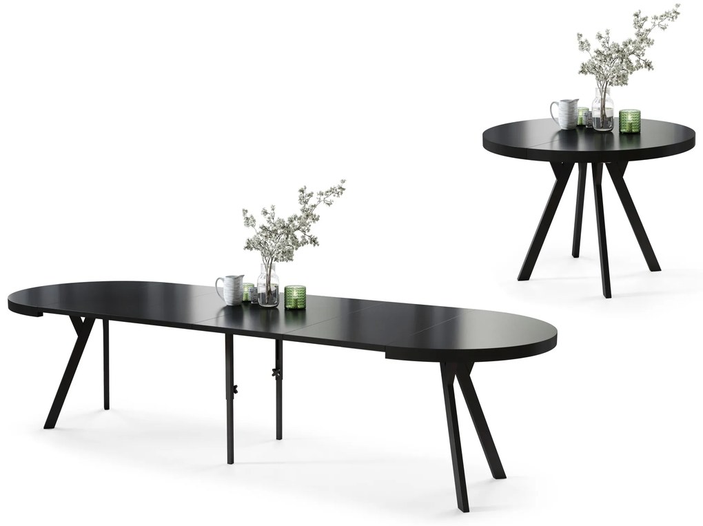 EXPANSO Čierny mat / čierne nohy - VEĽKÝ OKRÚHLY STÔL Ø110 ROZKLADACÍ AŽ DO 310 cm S NOHAMI Y LOFTOVÝ / INDUSTRIÁLNY