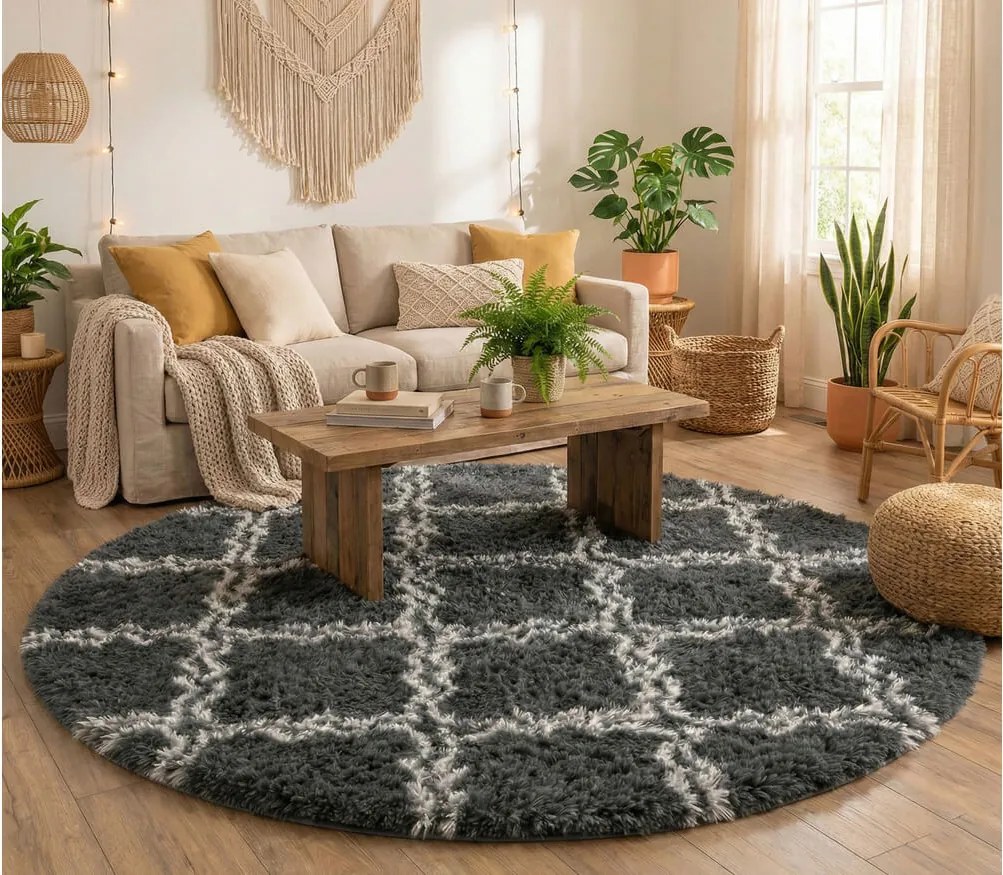TZ Tmavosivý okrúhly vzorovaný koberec shaggy Decor Latern Rozmer: 120 cm