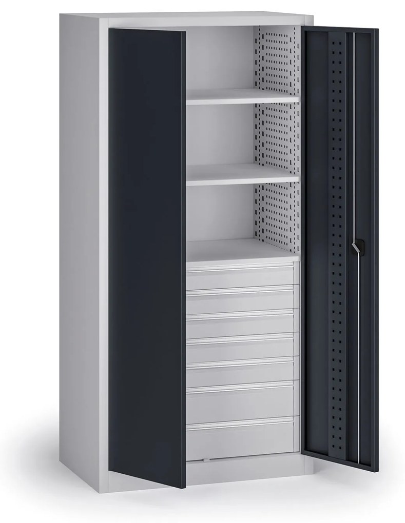 Dielenská zásuvková skriňa na náradie KOVOS, 3 police, 7 zásuviek, perforovaná, 950 x 600 x 1950 mm, grafit