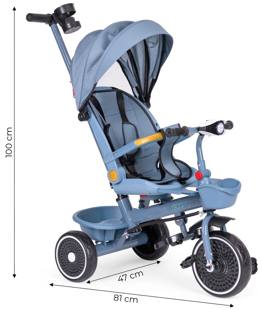 ECOTOYS Trojkolka/ kočík, 2v1, s otočným sedadlom a sklopnou strieškou, modrá