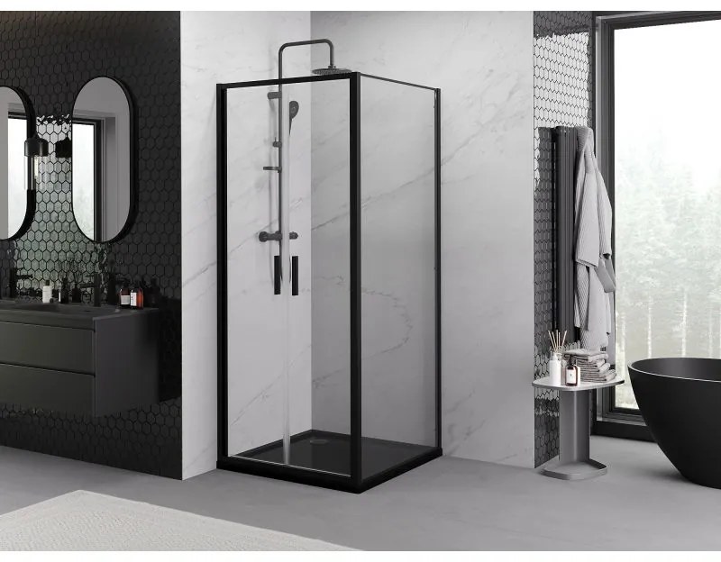 Mexen Exo, sprchovací kút s krídlovým dverami 100 x 100 cm, 6mm číre sklo, čierny profil, 814-100-100-70-00