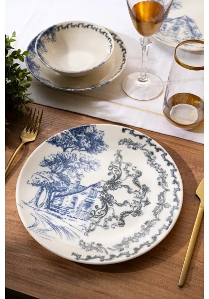 Jedálenská súprava 24 ks, biela/modrá, porcelán