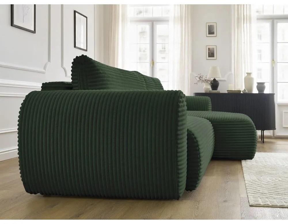 Tmavozelená menčestrová rozkladacia rohová pohovka (pravý roh) Lucien – Bobochic Paris