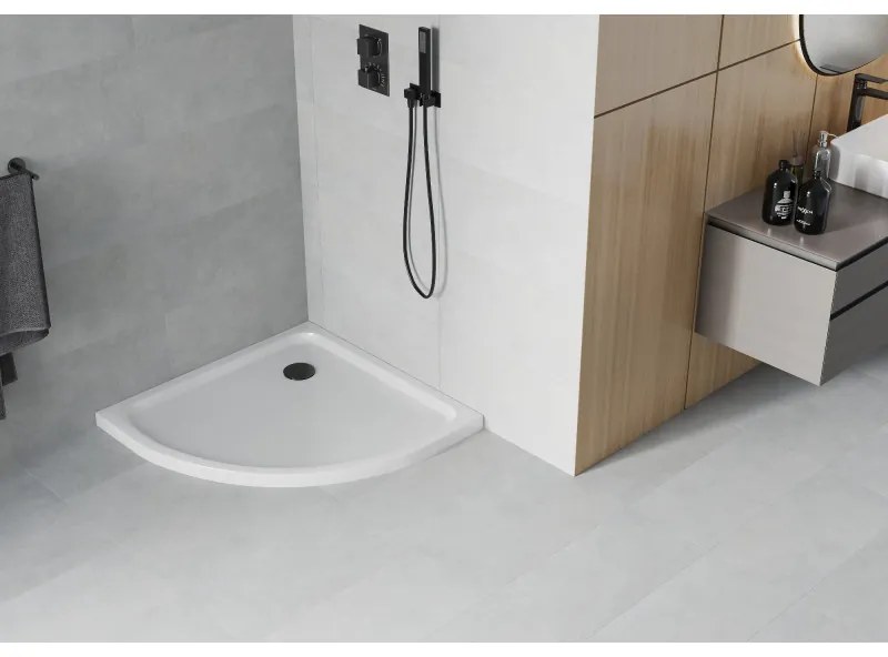 Mexen SLIM - Štvrťkruhová sprchová vanička 90x90x5cm + čierny sifón, biela, 41109090B
