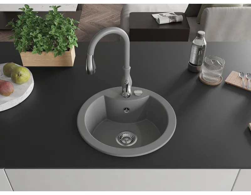 Mexen Diego, 1-komorový granitový drez 488x488x167 mm a drezová batéria Savita, šedá, 6512-71-672601-71