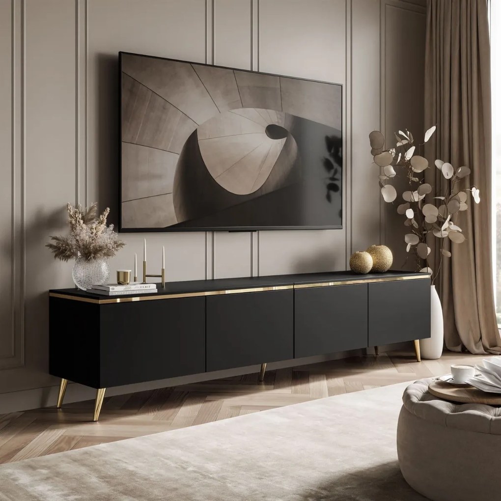 TV STOLÍK NESSIE ART 3 ČIERNY MATNÝ + ZLATÁ LIŠTA 200 cm LED