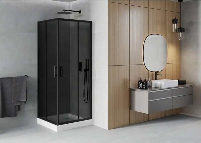 Mexen Rio, štvorcový sprchovací kút s posuvnými dverami 70(dvere) x 70(dvere) x 190 cm, 6mm šedé sklo, čierny profil + biela sprchová vanička RIO, 860-070-070-70-40-4510